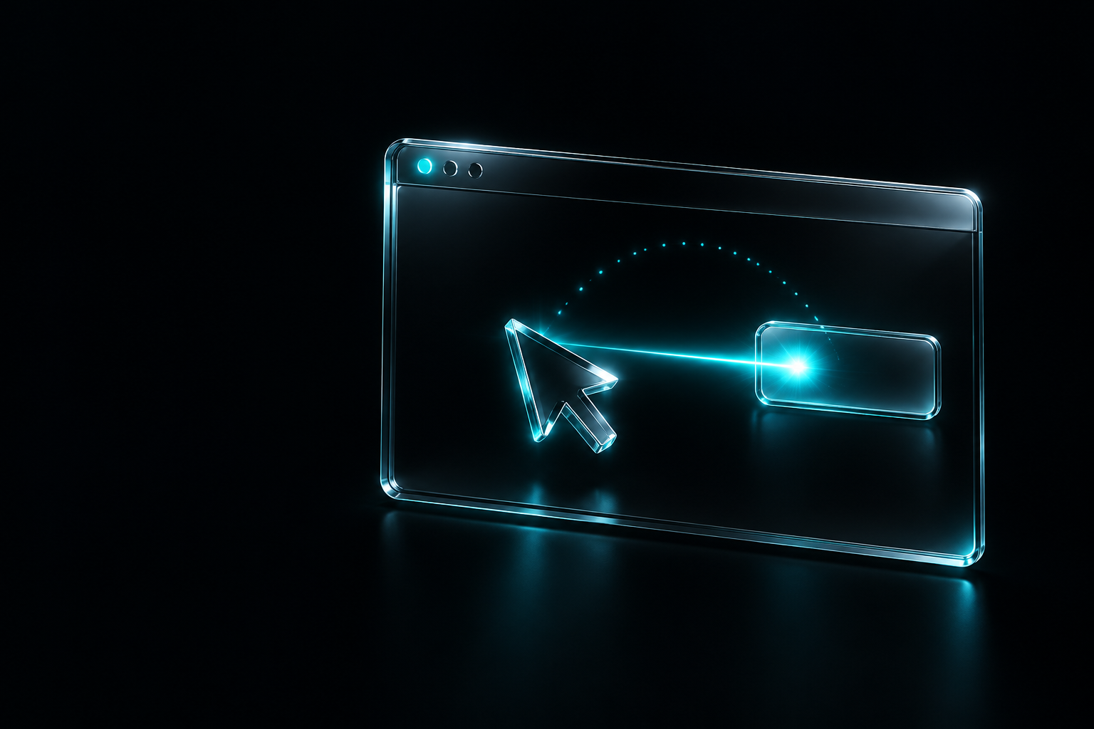 A pulse of cyan light jumping straight from a cursor to a button inside a floating browser window, while a slower dotted path fades away.